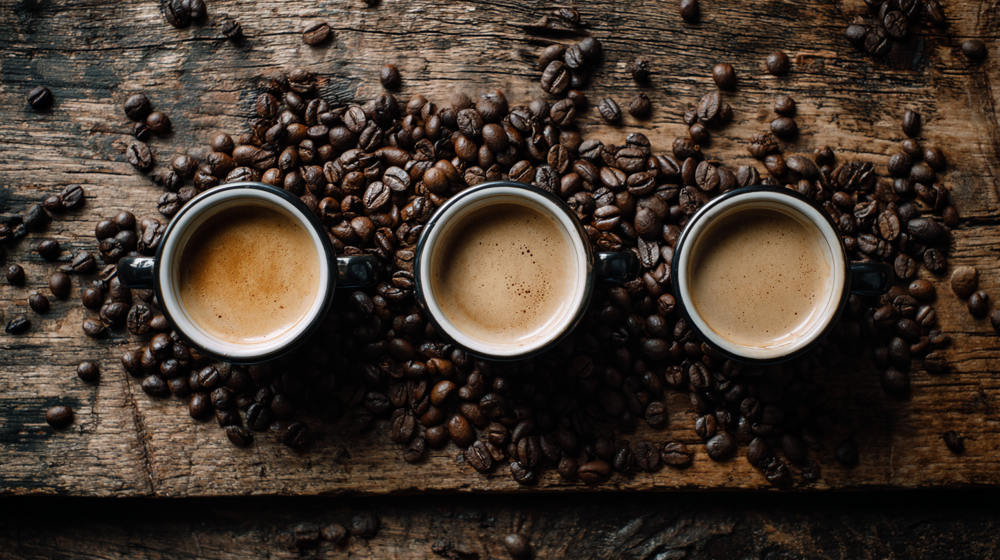 Trois tasses représentant les profils de torréfaction du café – clair, moyen et foncé