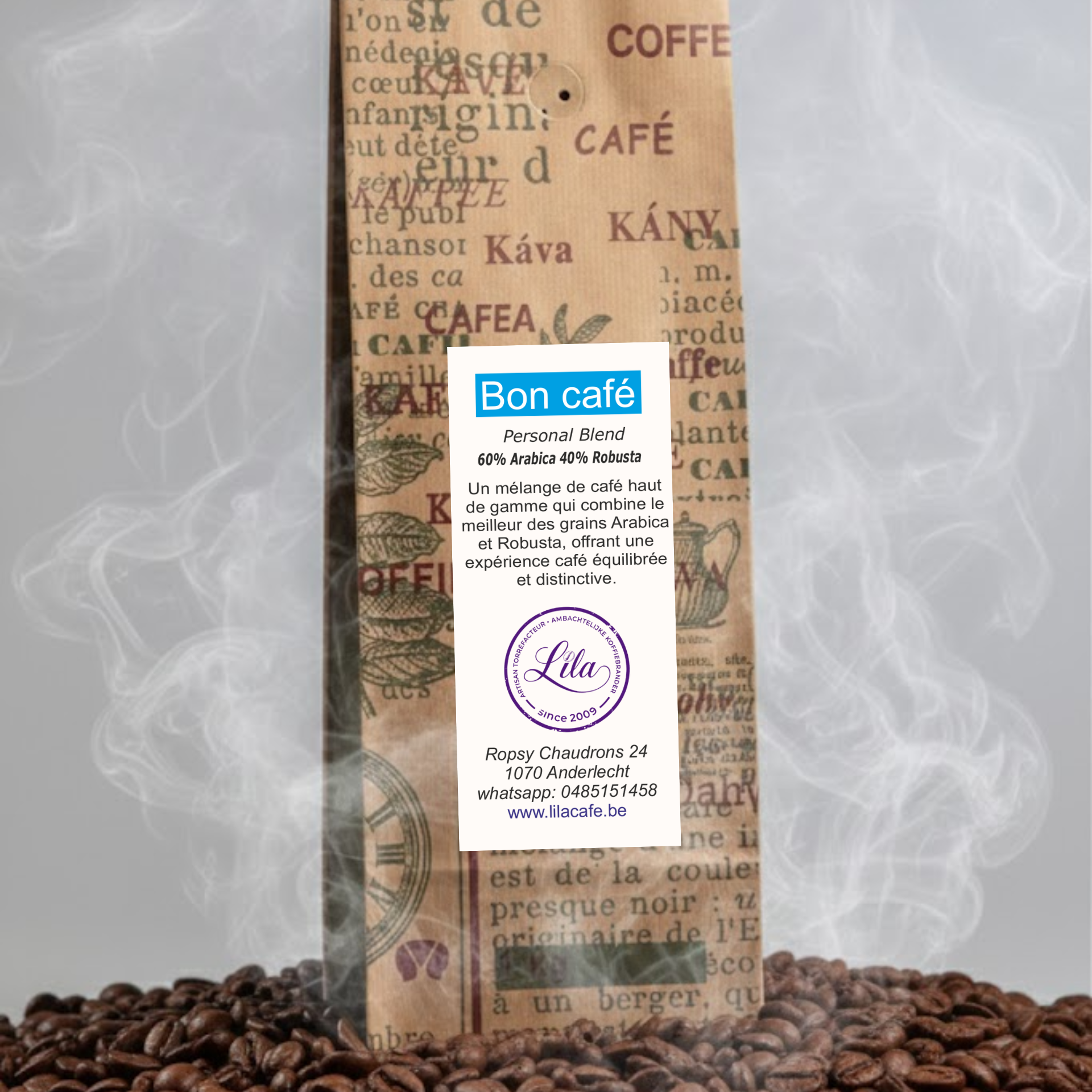 Sachet de café Lila Café —Bon Cafe blend maison 100% Arabica, torréfaction artisanale. Assemblage Brésil Cerrado & Éthiopie, café de spécialité équilibré, aux notes douces, florales et chocolatées. Le goût qui réveille l’inspiration.
