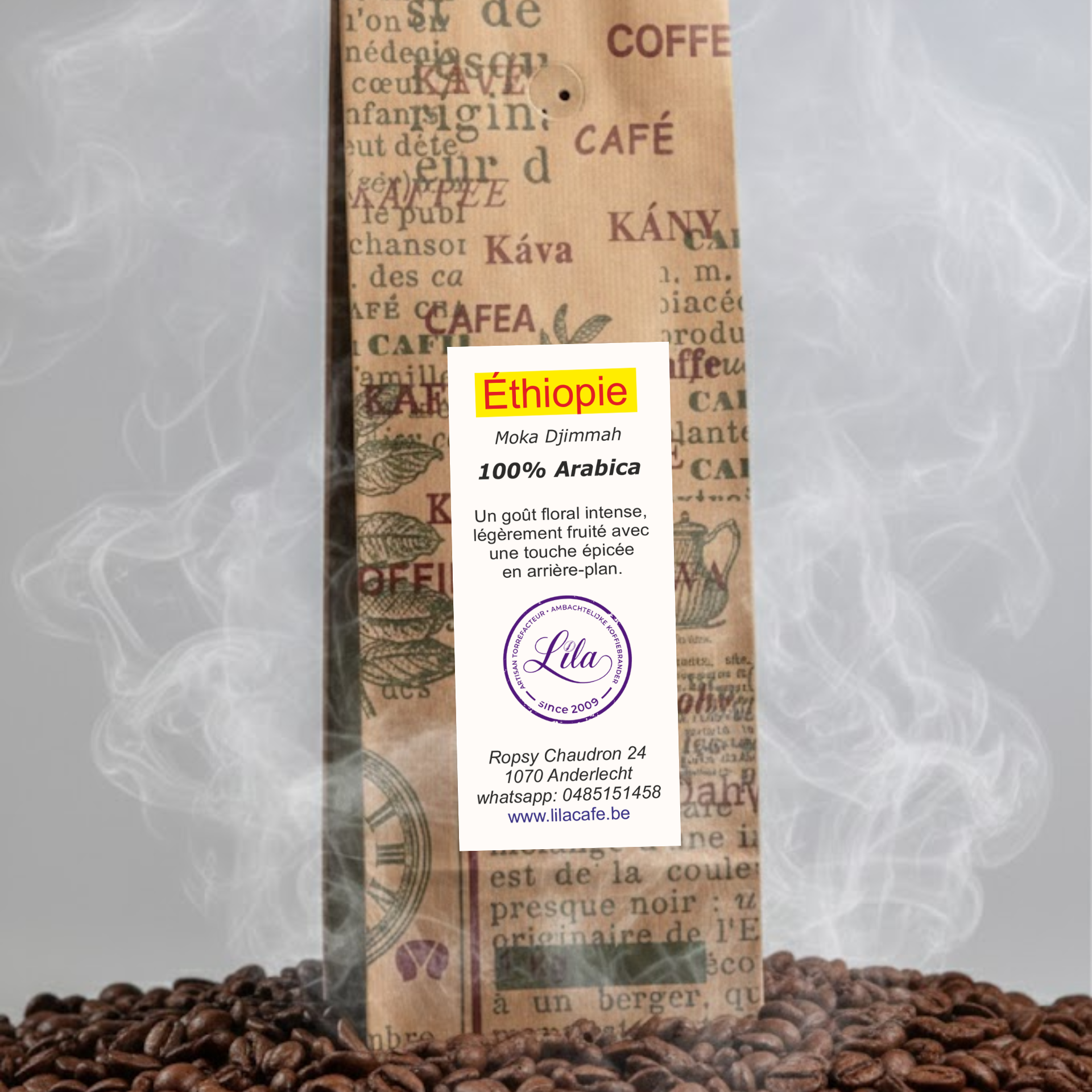 Sachet de café éthiopien Lila Coffee — torréfaction artisanale, floral et lumineux. Café de spécialité pour esprits créatifs, notes de jasmin, bergamote et miel. Emballage kraft écologique, design minimaliste et élégant.