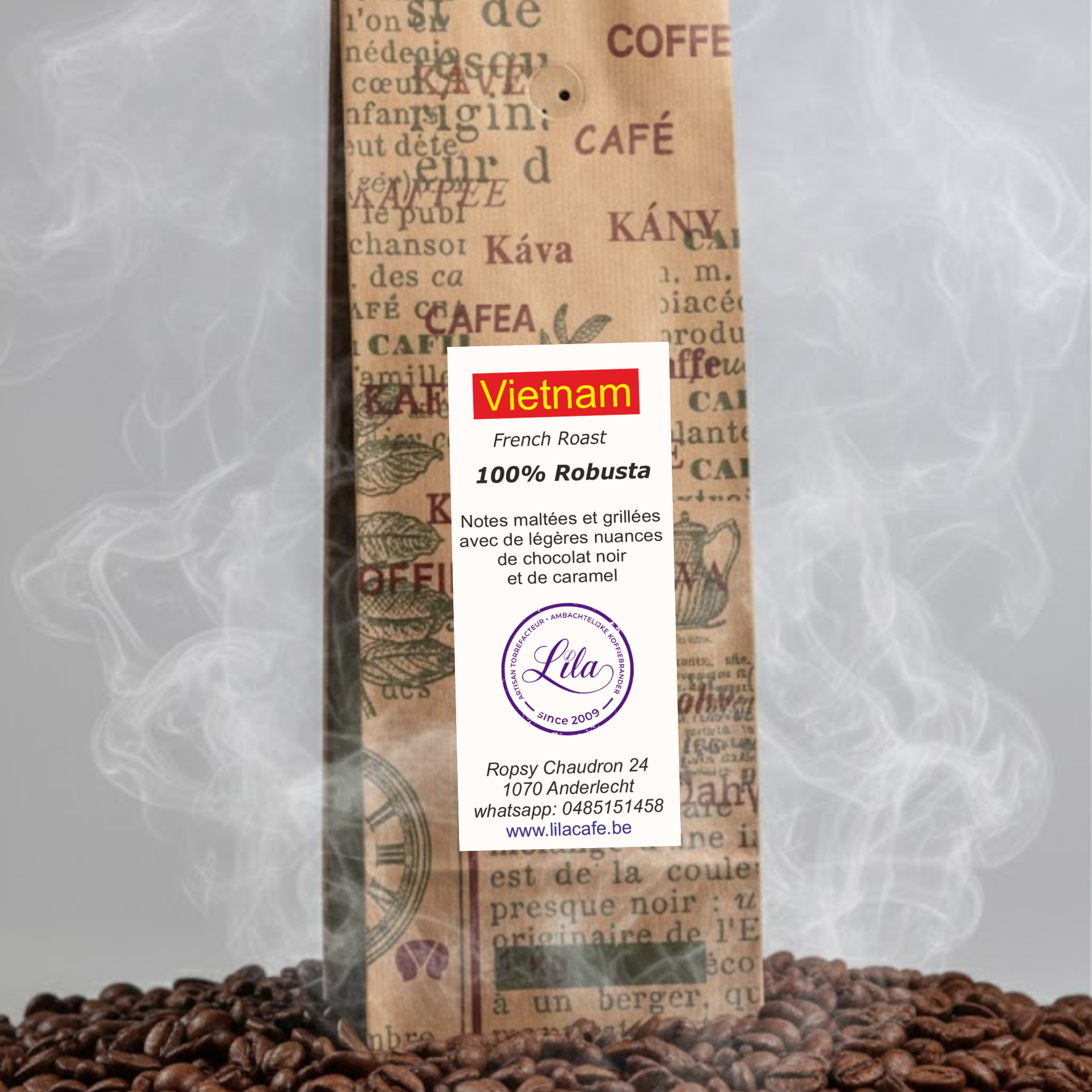 Sachet de café du Vietnam Lila Coffee — torréfaction artisanale, cacaoté et épicé. Café de spécialité au caractère affirmé, idéal pour espresso ou lait, notes de cacao et d’épices douces. Le goût qui réveille l’inspiration.